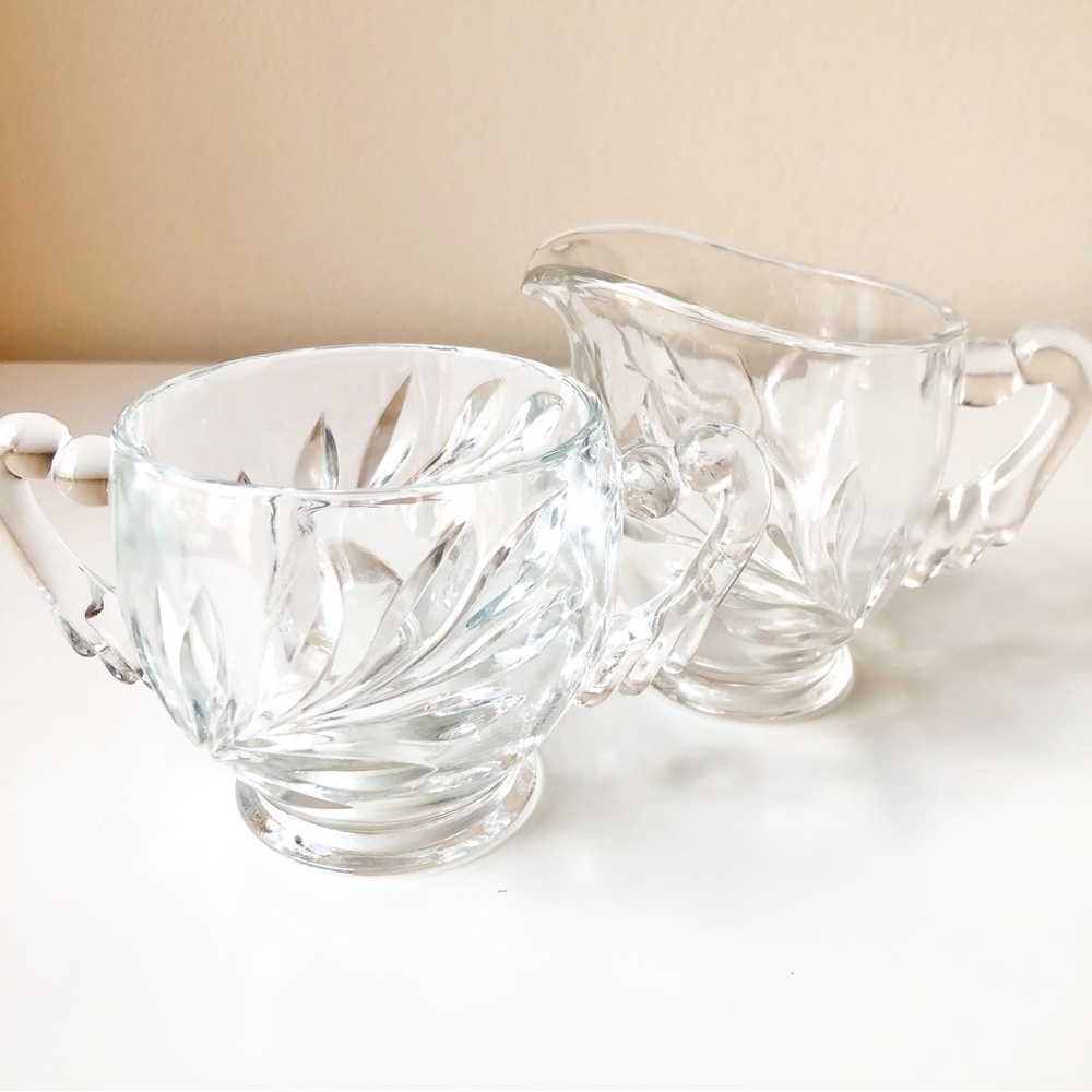 Indiana Glass Creamer Sugar Bowl Willow Leaf Pattern Vintage Heavy Elegant